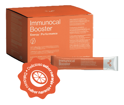 Caja y stick de Immunocal Booster Energy Performance con sello de sabor naranja