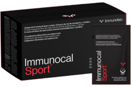 Caja y sobre de Immunocal Sport sobre fondo rojo