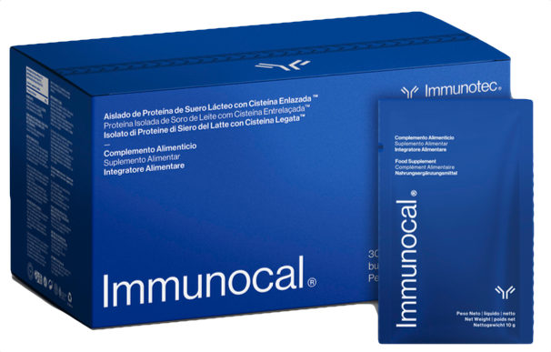 Caja y sobre de Immunocal sobre fondo azul
